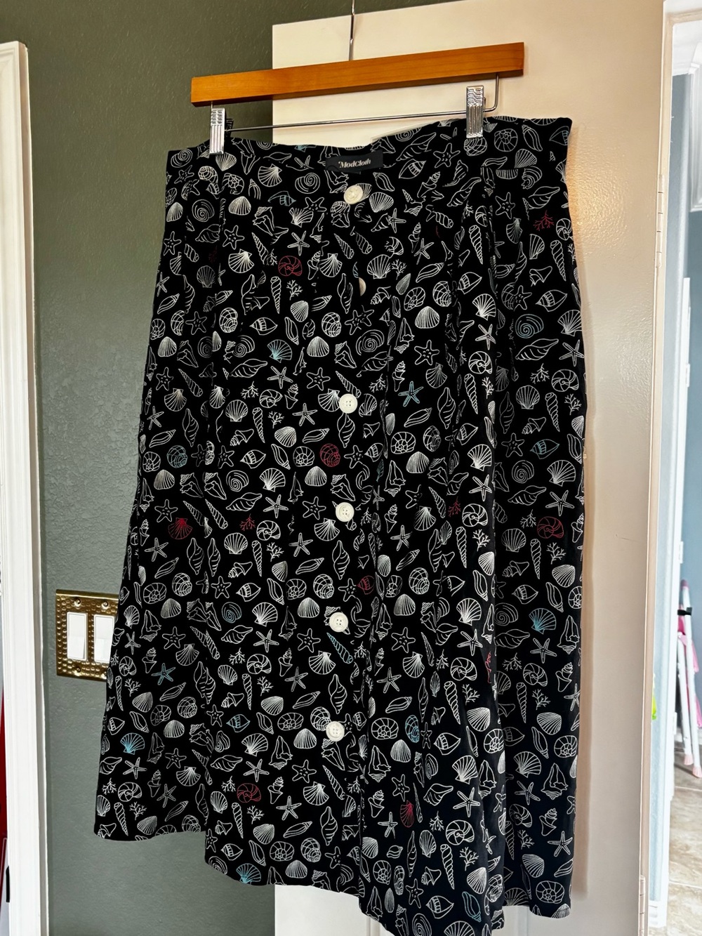 ModCloth Black Seashell Print A-Line Skirt with White Buttons - Picture 2 of 13
